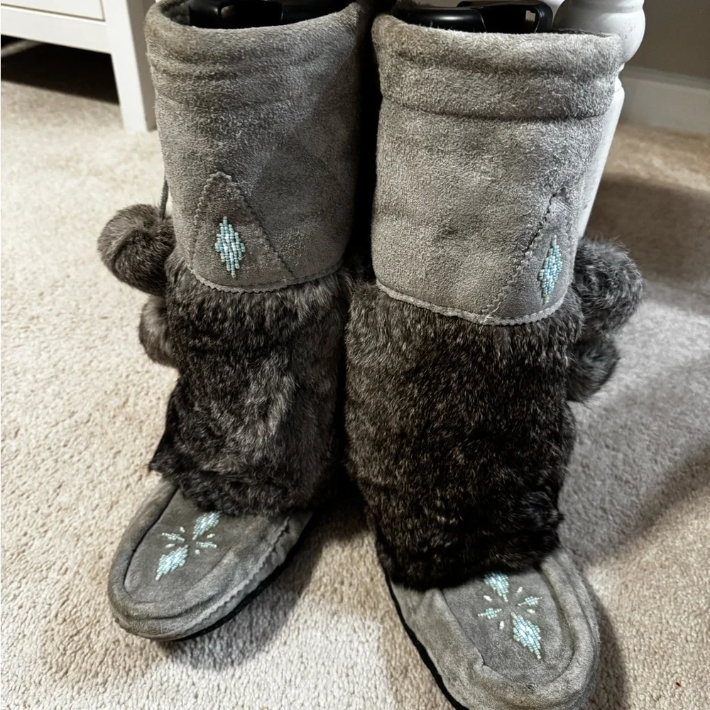 Muk Luks Gray Faux Fur Winter Boots with Pom Poms